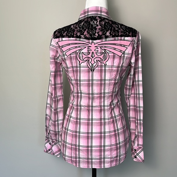 Rock & Roll Cowgirl Plaid Lace Western Long Sleeve Snap Shirt - Picture 5 of 13